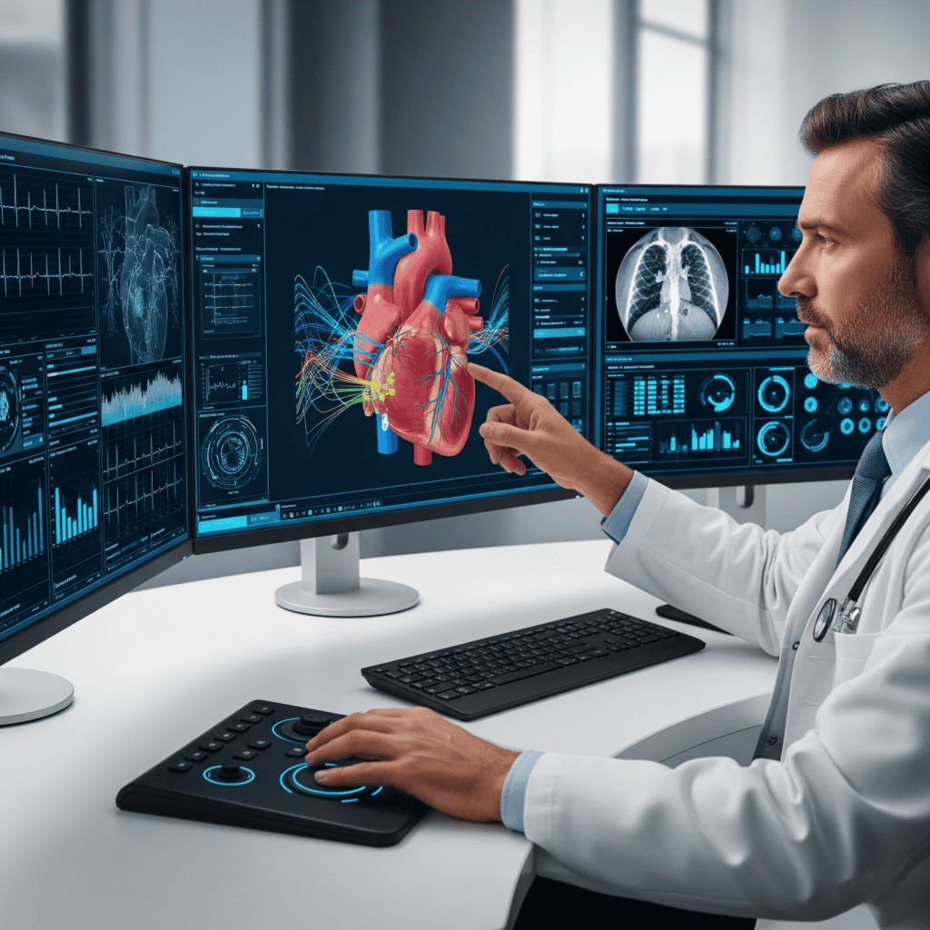 Cardiologist analyzing heart health with advanced imaging technology at clinic.