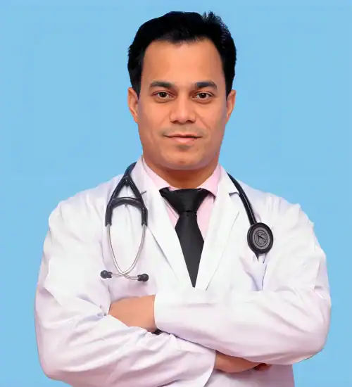 Expert cardiologist Dr. Sudhanshu with stethoscope, smiling confidently.